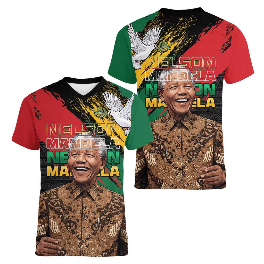 Nelson Mandela International Day Women V-Neck T-Shirt African Pattern Grunge Style - Wonder Print Shop
