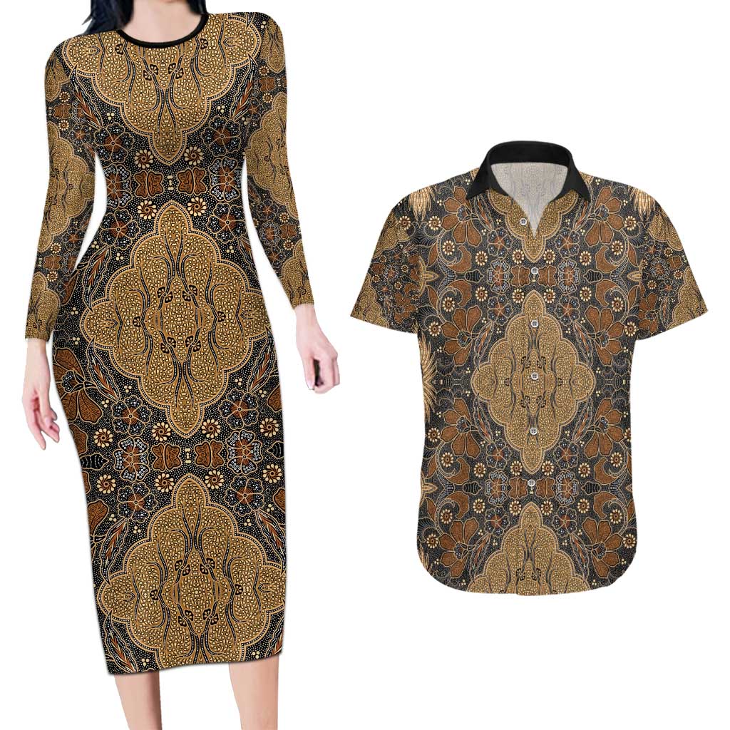 Madiba Nelson Mandela Couples Matching Long Sleeve Bodycon Dress and Hawaiian Shirt Indonesia Batik Earthy Brown - Wonder Print Shop