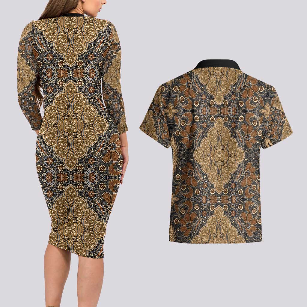 Madiba Nelson Mandela Couples Matching Long Sleeve Bodycon Dress and Hawaiian Shirt Indonesia Batik Earthy Brown - Wonder Print Shop