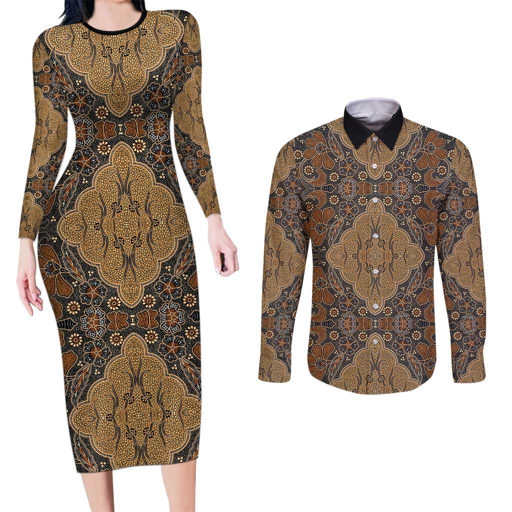 Madiba Nelson Mandela Couples Matching Long Sleeve Bodycon Dress and Long Sleeve Button Shirt Indonesia Batik Earthy Brown - Wonder Print Shop
