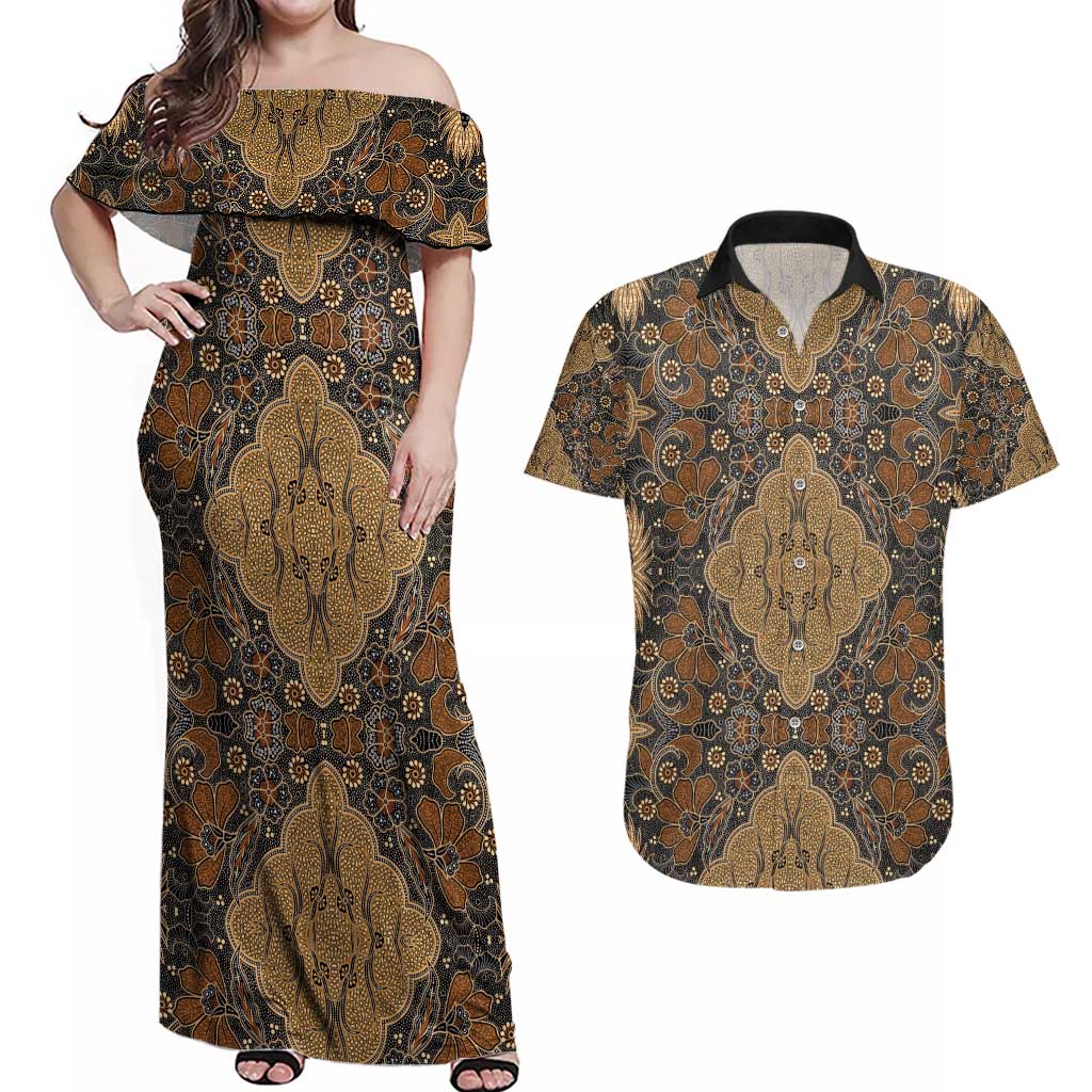 Madiba Nelson Mandela Couples Matching Off Shoulder Maxi Dress and Hawaiian Shirt Indonesia Batik Earthy Brown - Wonder Print Shop