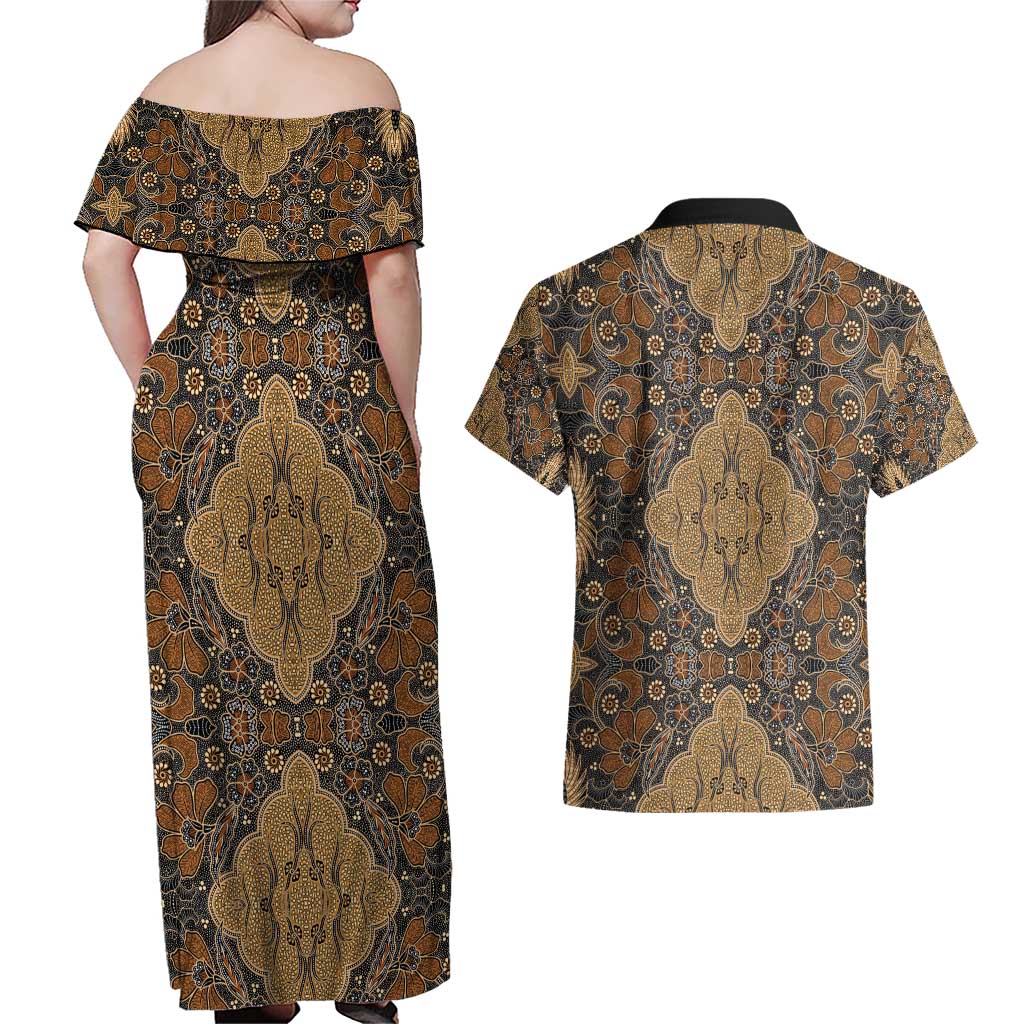 Madiba Nelson Mandela Couples Matching Off Shoulder Maxi Dress and Hawaiian Shirt Indonesia Batik Earthy Brown - Wonder Print Shop