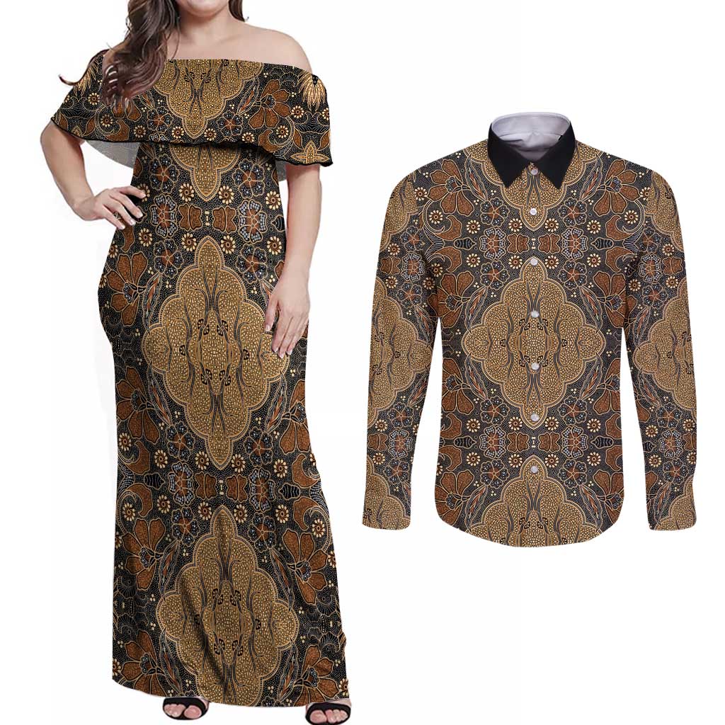 Madiba Nelson Mandela Couples Matching Off Shoulder Maxi Dress and Long Sleeve Button Shirt Indonesia Batik Earthy Brown - Wonder Print Shop