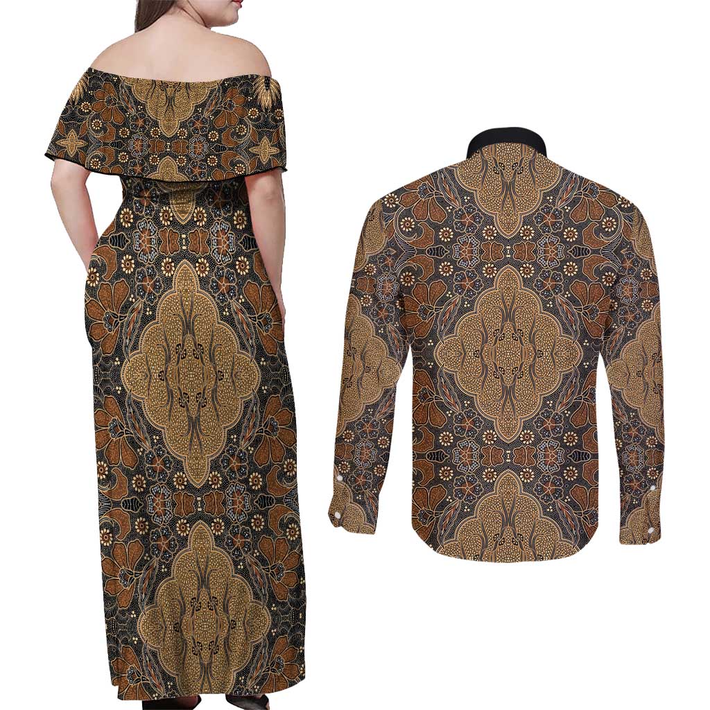 Madiba Nelson Mandela Couples Matching Off Shoulder Maxi Dress and Long Sleeve Button Shirt Indonesia Batik Earthy Brown - Wonder Print Shop