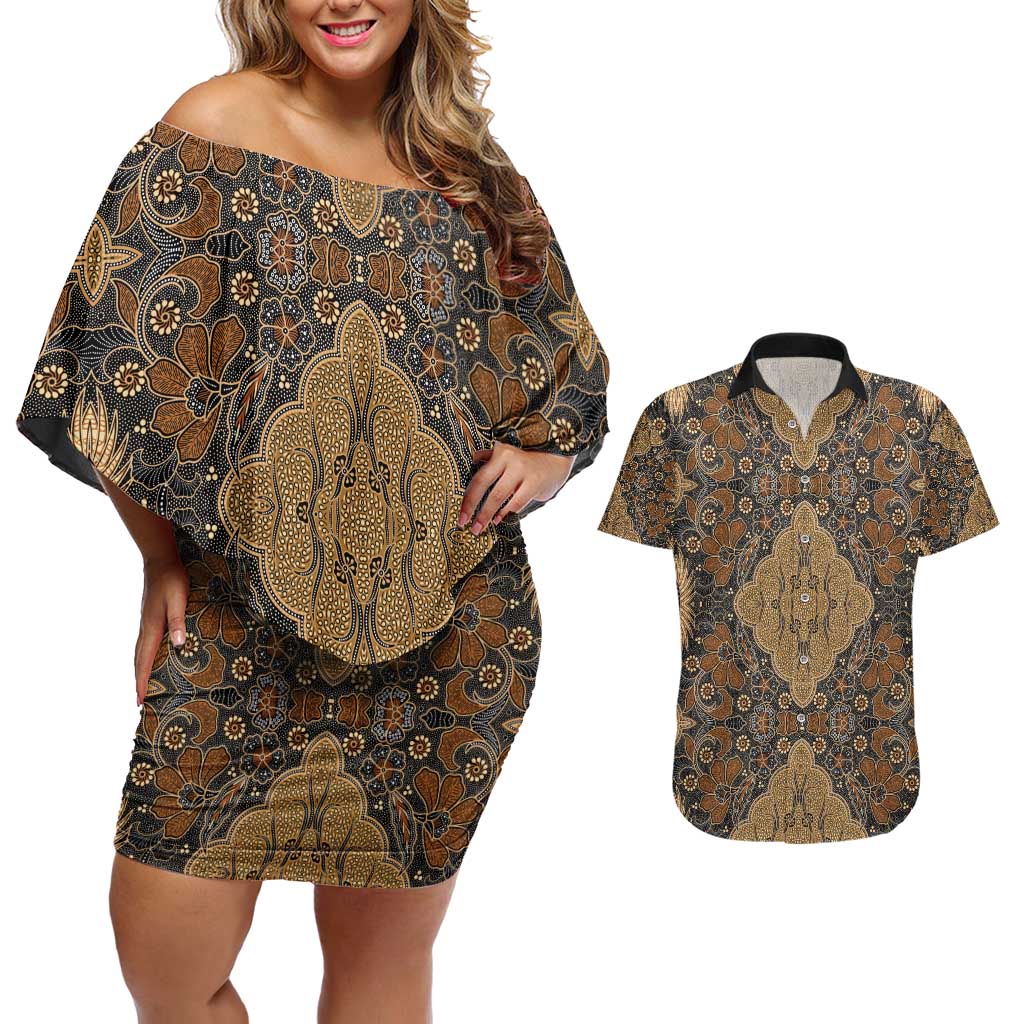 Madiba Nelson Mandela Couples Matching Off Shoulder Short Dress and Hawaiian Shirt Indonesia Batik Earthy Brown - Wonder Print Shop