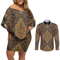Madiba Nelson Mandela Couples Matching Off Shoulder Short Dress and Long Sleeve Button Shirt Indonesia Batik Earthy Brown - Wonder Print Shop