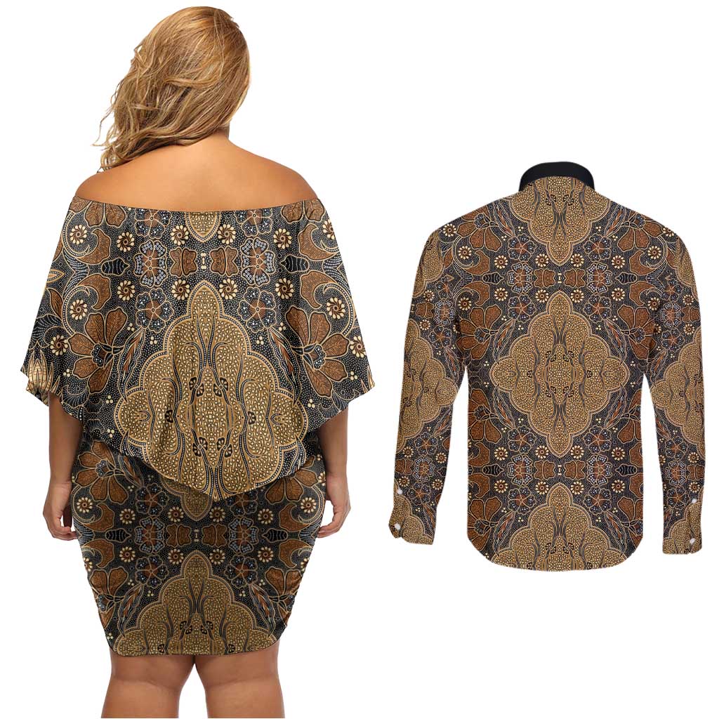 Madiba Nelson Mandela Couples Matching Off Shoulder Short Dress and Long Sleeve Button Shirt Indonesia Batik Earthy Brown - Wonder Print Shop