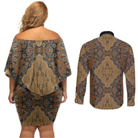 Madiba Nelson Mandela Couples Matching Off Shoulder Short Dress and Long Sleeve Button Shirt Indonesia Batik Earthy Brown - Wonder Print Shop