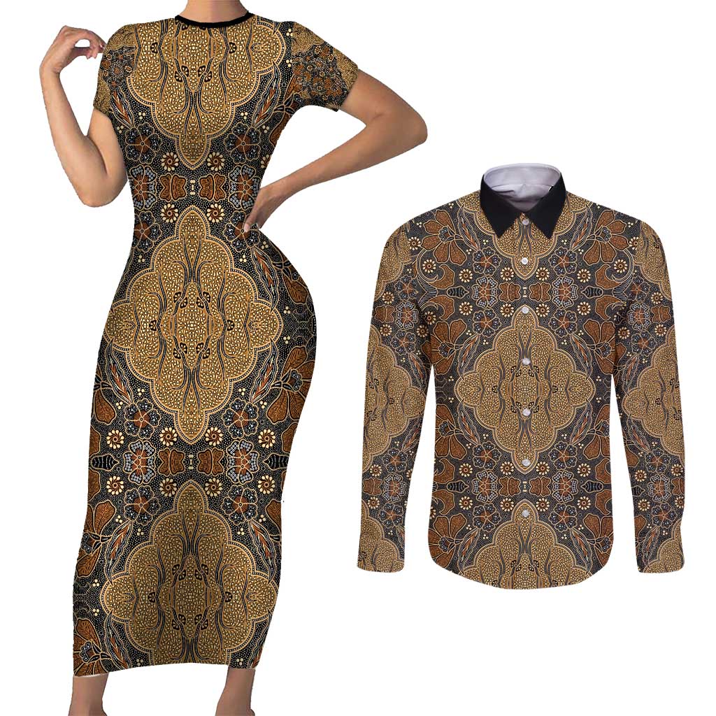 Madiba Nelson Mandela Couples Matching Short Sleeve Bodycon Dress and Long Sleeve Button Shirt Indonesia Batik Earthy Brown - Wonder Print Shop