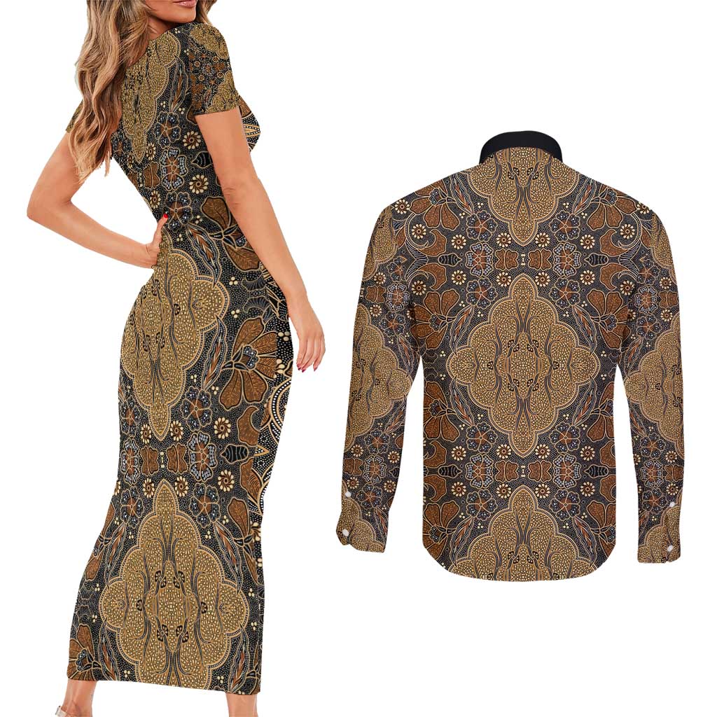 Madiba Nelson Mandela Couples Matching Short Sleeve Bodycon Dress and Long Sleeve Button Shirt Indonesia Batik Earthy Brown - Wonder Print Shop