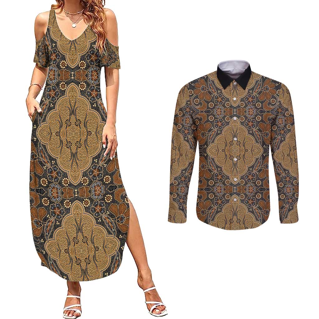 Madiba Nelson Mandela Couples Matching Summer Maxi Dress and Long Sleeve Button Shirt Indonesia Batik Earthy Brown - Wonder Print Shop