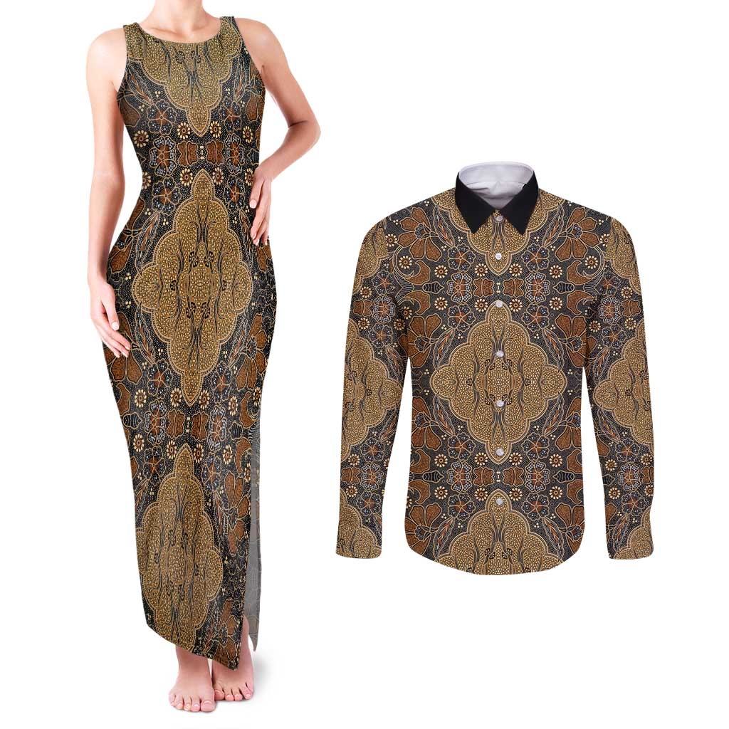 Madiba Nelson Mandela Couples Matching Tank Maxi Dress and Long Sleeve Button Shirt Indonesia Batik Earthy Brown - Wonder Print Shop