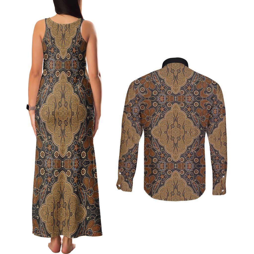Madiba Nelson Mandela Couples Matching Tank Maxi Dress and Long Sleeve Button Shirt Indonesia Batik Earthy Brown - Wonder Print Shop
