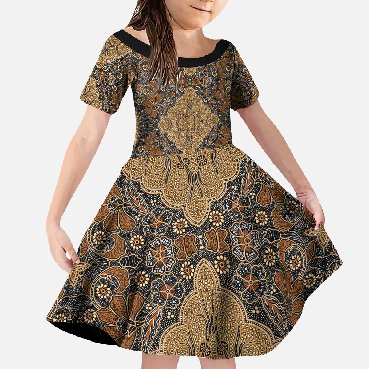 Madiba Nelson Mandela Family Matching Off The Shoulder Long Sleeve Dress and Hawaiian Shirt Indonesia Batik Earthy Brown - Wonder Print Shop