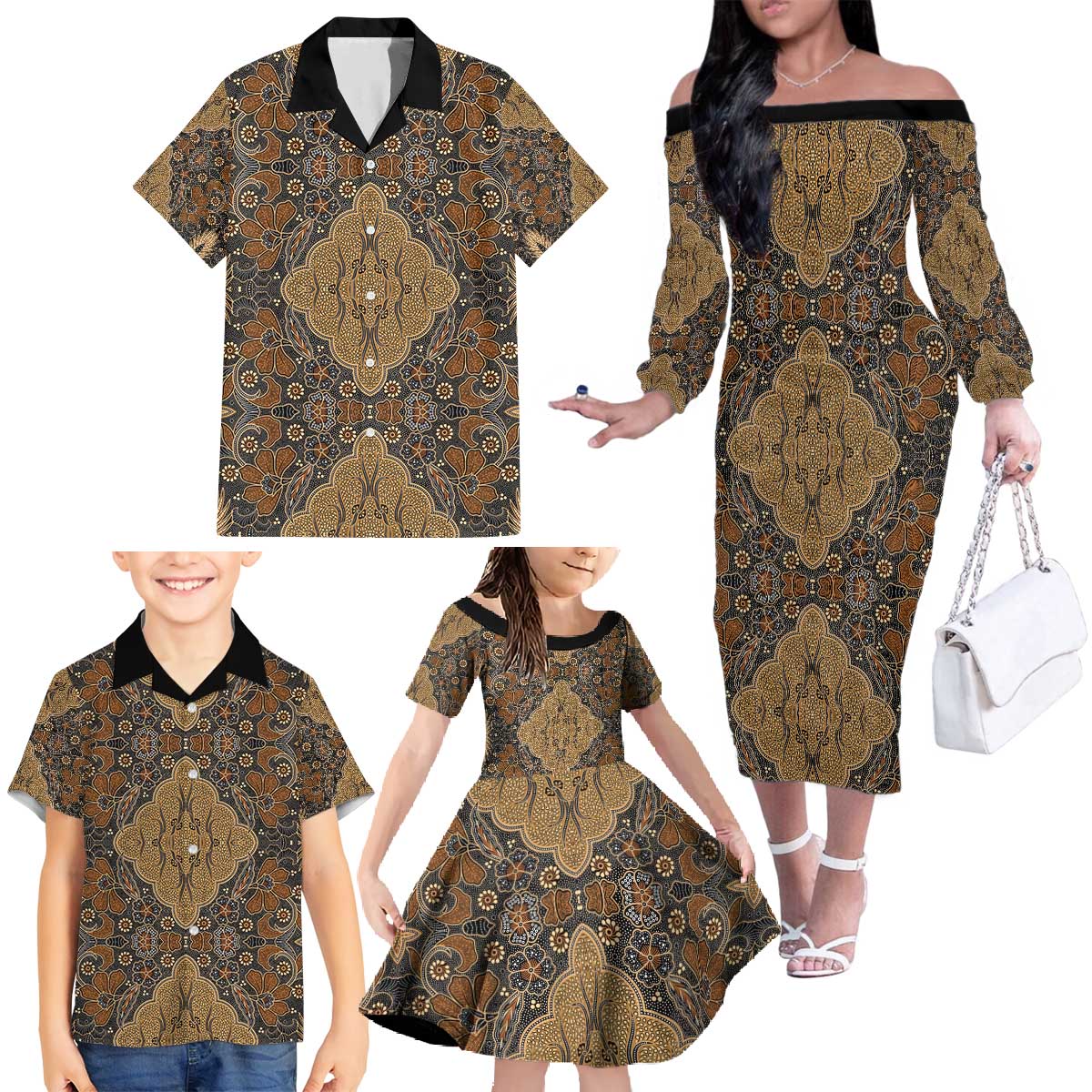 Madiba Nelson Mandela Family Matching Off The Shoulder Long Sleeve Dress and Hawaiian Shirt Indonesia Batik Earthy Brown - Wonder Print Shop
