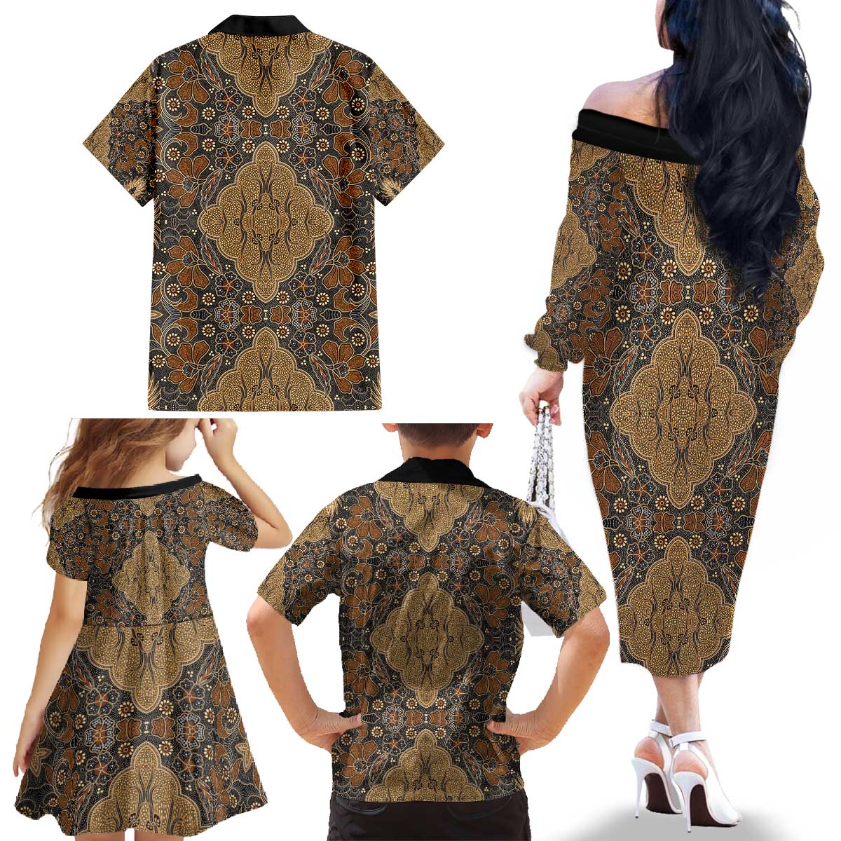 Madiba Nelson Mandela Family Matching Off The Shoulder Long Sleeve Dress and Hawaiian Shirt Indonesia Batik Earthy Brown - Wonder Print Shop