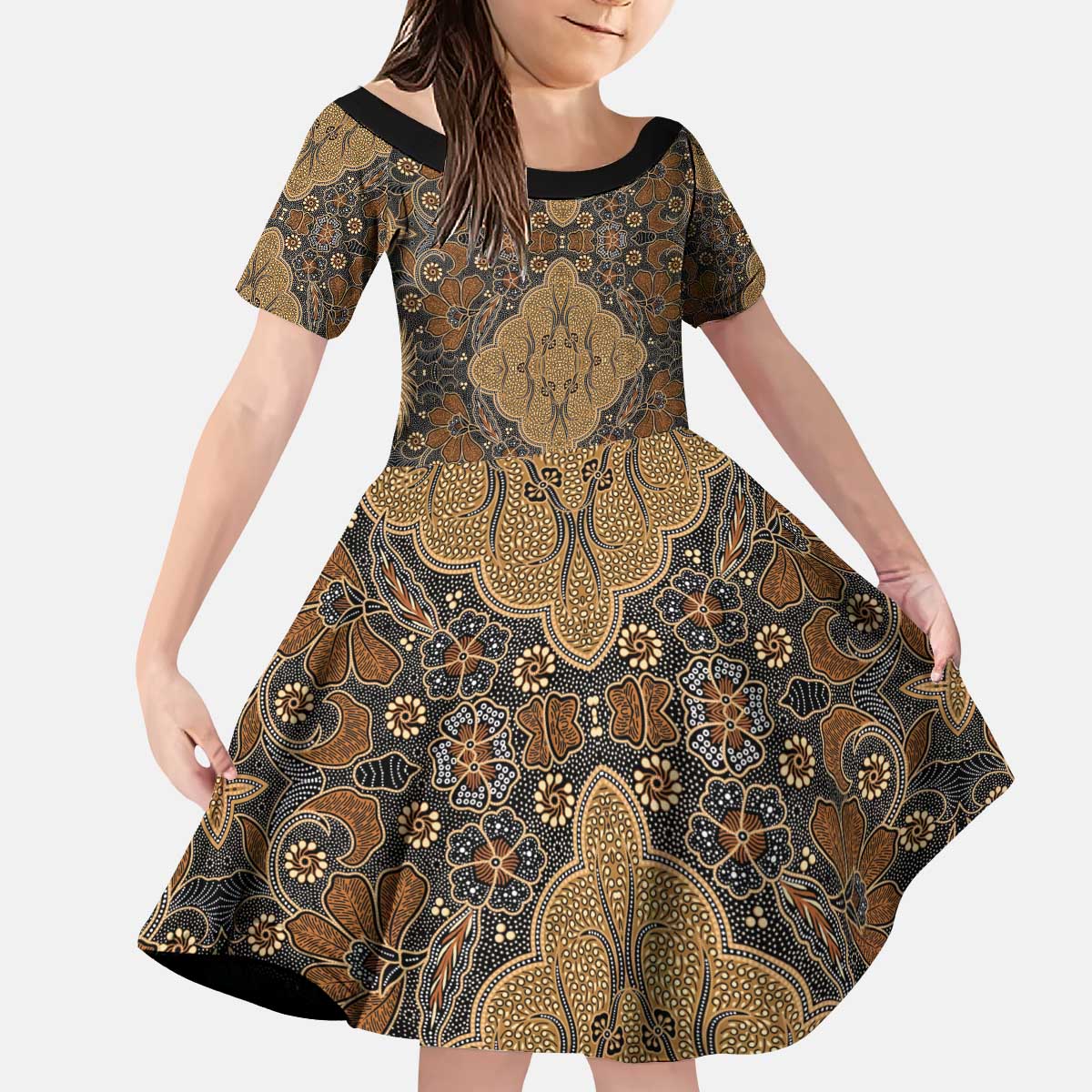 Madiba Nelson Mandela Kid Short Sleeve Dress Indonesia Batik Earthy Brown - Wonder Print Shop