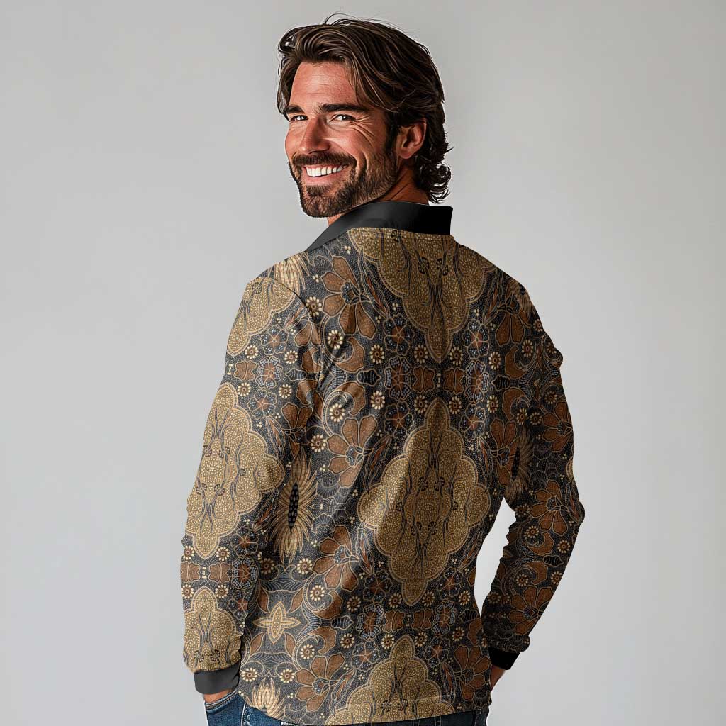 Madiba Nelson Mandela Long Sleeve Polo Shirt Indonesia Batik Earthy Brown - Wonder Print Shop