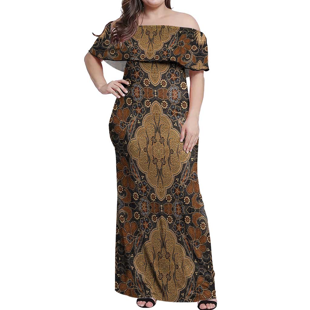 Madiba Nelson Mandela Off Shoulder Maxi Dress Indonesia Batik Earthy Brown - Wonder Print Shop