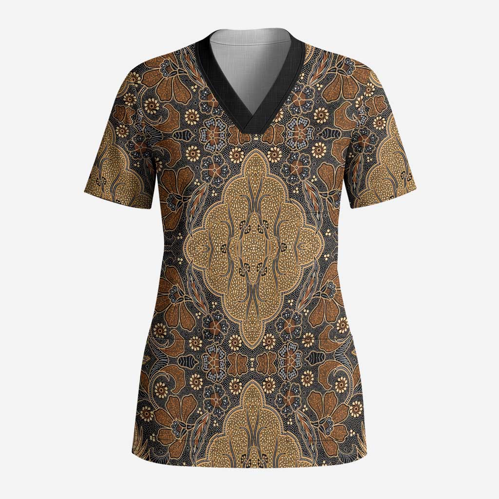 Madiba Nelson Mandela Scrub Top Indonesia Batik Earthy Brown - Wonder Print Shop