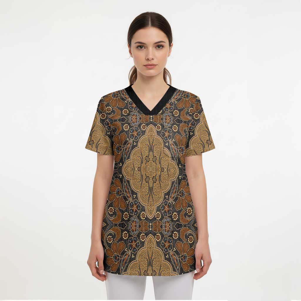 Madiba Nelson Mandela Scrub Top Indonesia Batik Earthy Brown - Wonder Print Shop