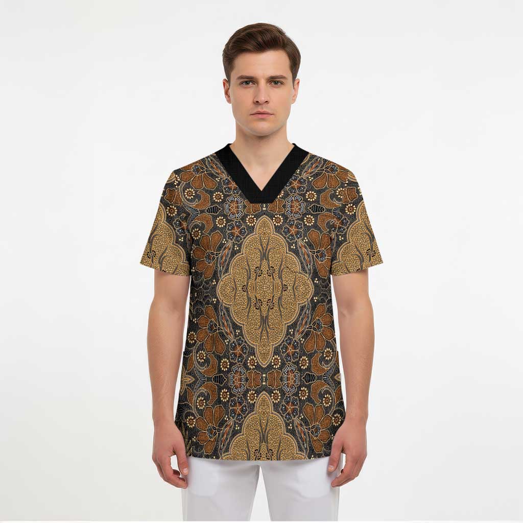 Madiba Nelson Mandela Scrub Top Indonesia Batik Earthy Brown - Wonder Print Shop