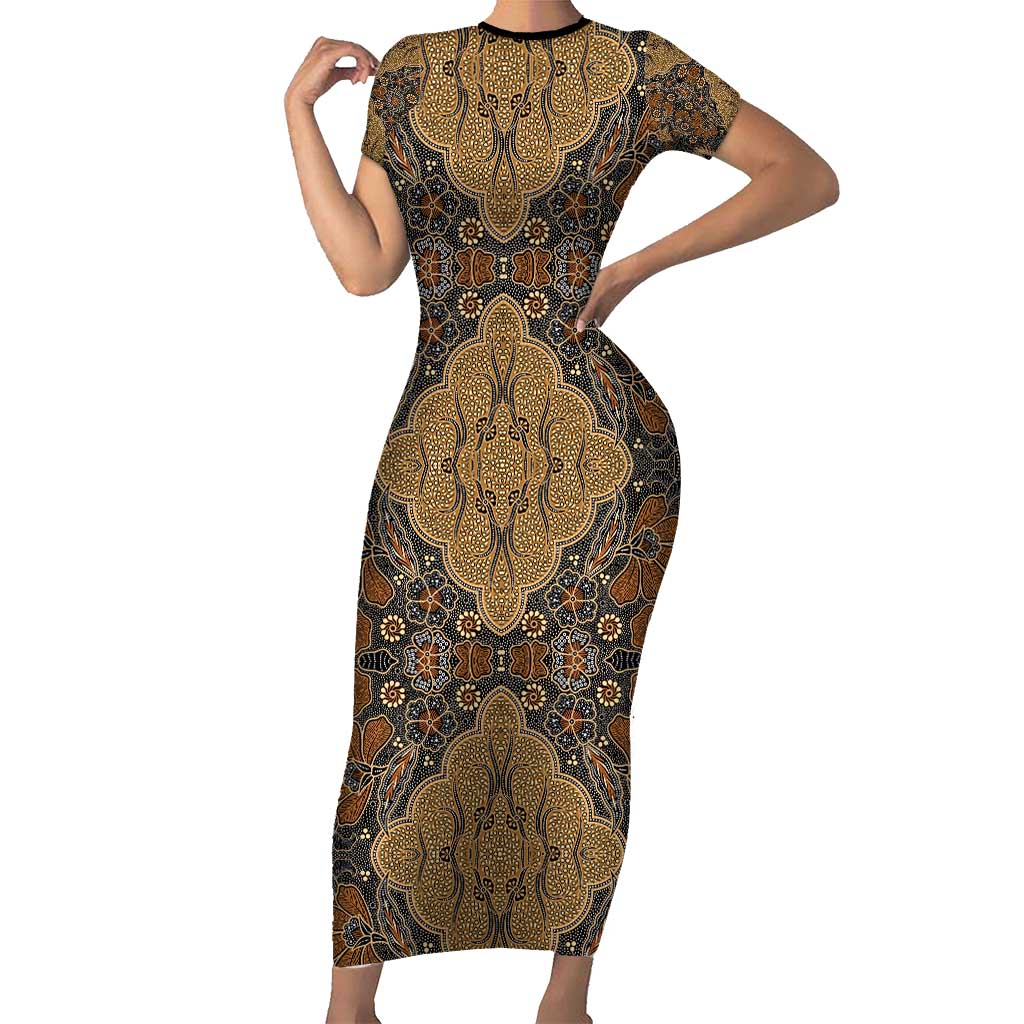 Madiba Nelson Mandela Short Sleeve Bodycon Dress Indonesia Batik Earthy Brown - Wonder Print Shop
