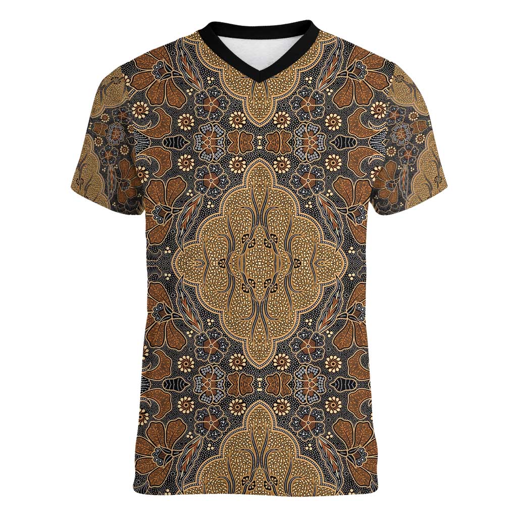 Madiba Nelson Mandela Women V-Neck T-Shirt Indonesia Batik Earthy Brown - Wonder Print Shop