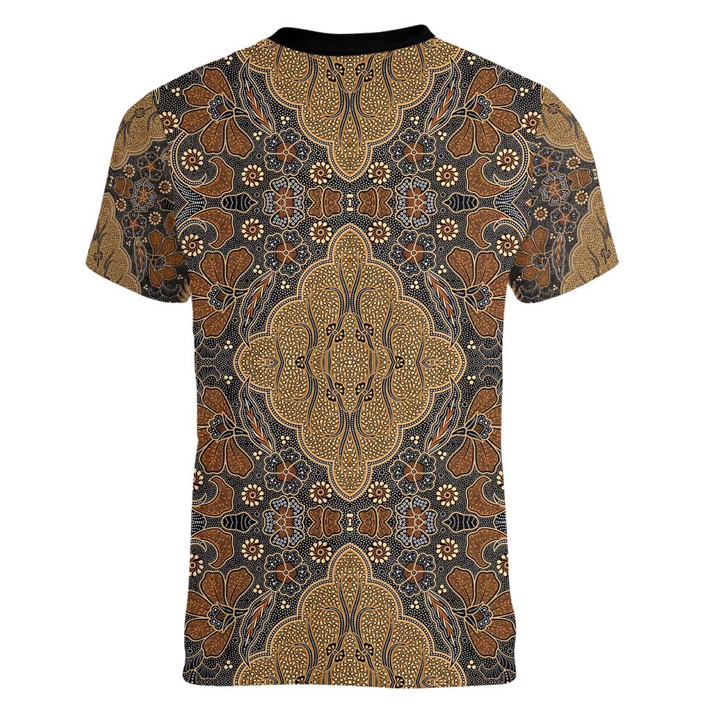 Madiba Nelson Mandela Women V-Neck T-Shirt Indonesia Batik Earthy Brown - Wonder Print Shop