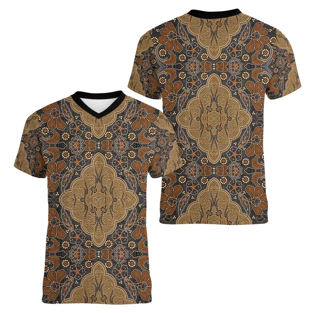Madiba Nelson Mandela Women V-Neck T-Shirt Indonesia Batik Earthy Brown - Wonder Print Shop