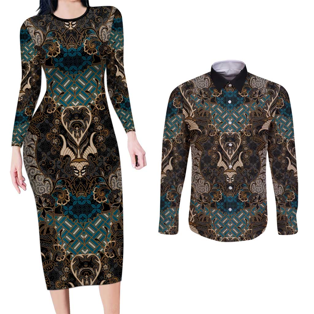 Madiba Nelson Mandela Couples Matching Long Sleeve Bodycon Dress and Long Sleeve Button Shirt Indonesia Batik Black - Wonder Print Shop