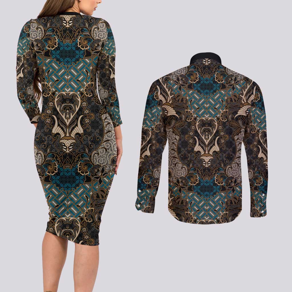 Madiba Nelson Mandela Couples Matching Long Sleeve Bodycon Dress and Long Sleeve Button Shirt Indonesia Batik Black - Wonder Print Shop