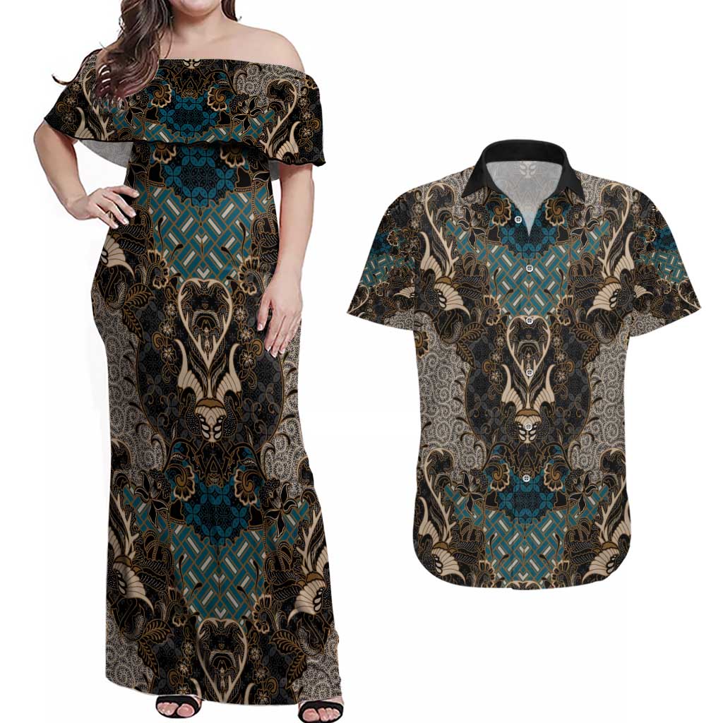 Madiba Nelson Mandela Couples Matching Off Shoulder Maxi Dress and Hawaiian Shirt Indonesia Batik Black - Wonder Print Shop