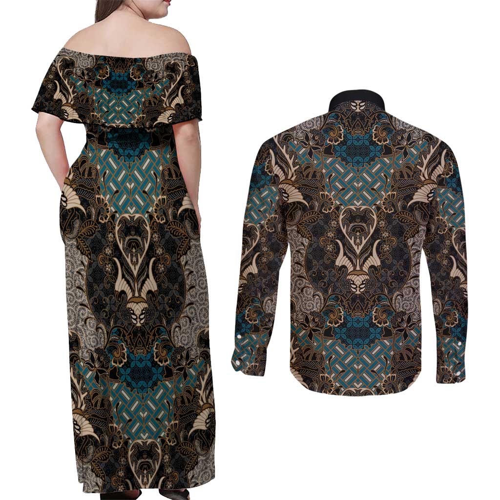 Madiba Nelson Mandela Couples Matching Off Shoulder Maxi Dress and Long Sleeve Button Shirt Indonesia Batik Black - Wonder Print Shop