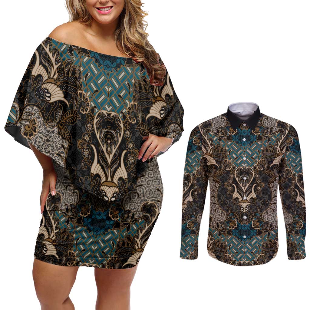 Madiba Nelson Mandela Couples Matching Off Shoulder Short Dress and Long Sleeve Button Shirt Indonesia Batik Black - Wonder Print Shop