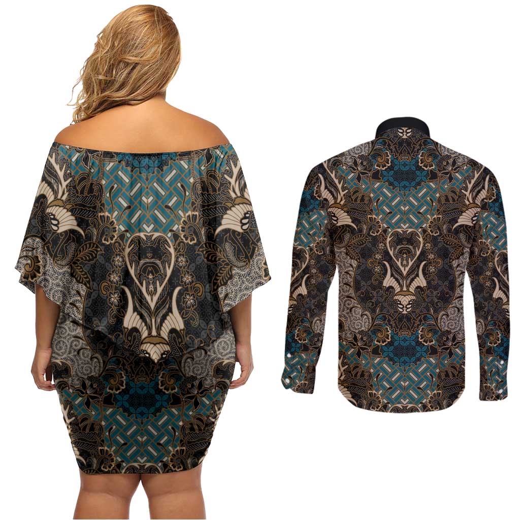 Madiba Nelson Mandela Couples Matching Off Shoulder Short Dress and Long Sleeve Button Shirt Indonesia Batik Black - Wonder Print Shop