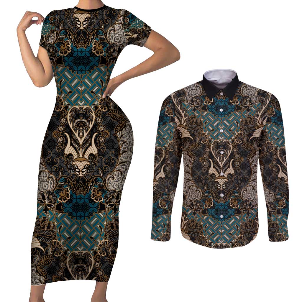 Madiba Nelson Mandela Couples Matching Short Sleeve Bodycon Dress and Long Sleeve Button Shirt Indonesia Batik Black - Wonder Print Shop