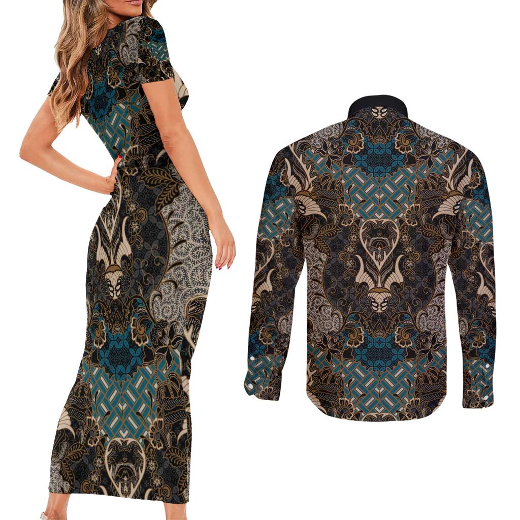 Madiba Nelson Mandela Couples Matching Short Sleeve Bodycon Dress and Long Sleeve Button Shirt Indonesia Batik Black - Wonder Print Shop