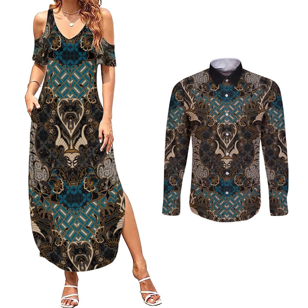 Madiba Nelson Mandela Couples Matching Summer Maxi Dress and Long Sleeve Button Shirt Indonesia Batik Black - Wonder Print Shop