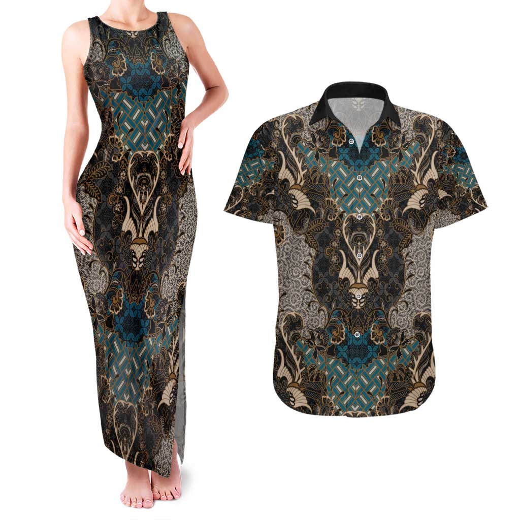Madiba Nelson Mandela Couples Matching Tank Maxi Dress and Hawaiian Shirt Indonesia Batik Black - Wonder Print Shop