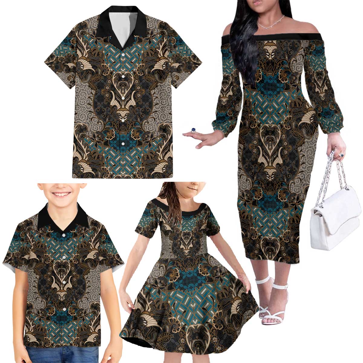 Madiba Nelson Mandela Family Matching Off The Shoulder Long Sleeve Dress and Hawaiian Shirt Indonesia Batik Black - Wonder Print Shop