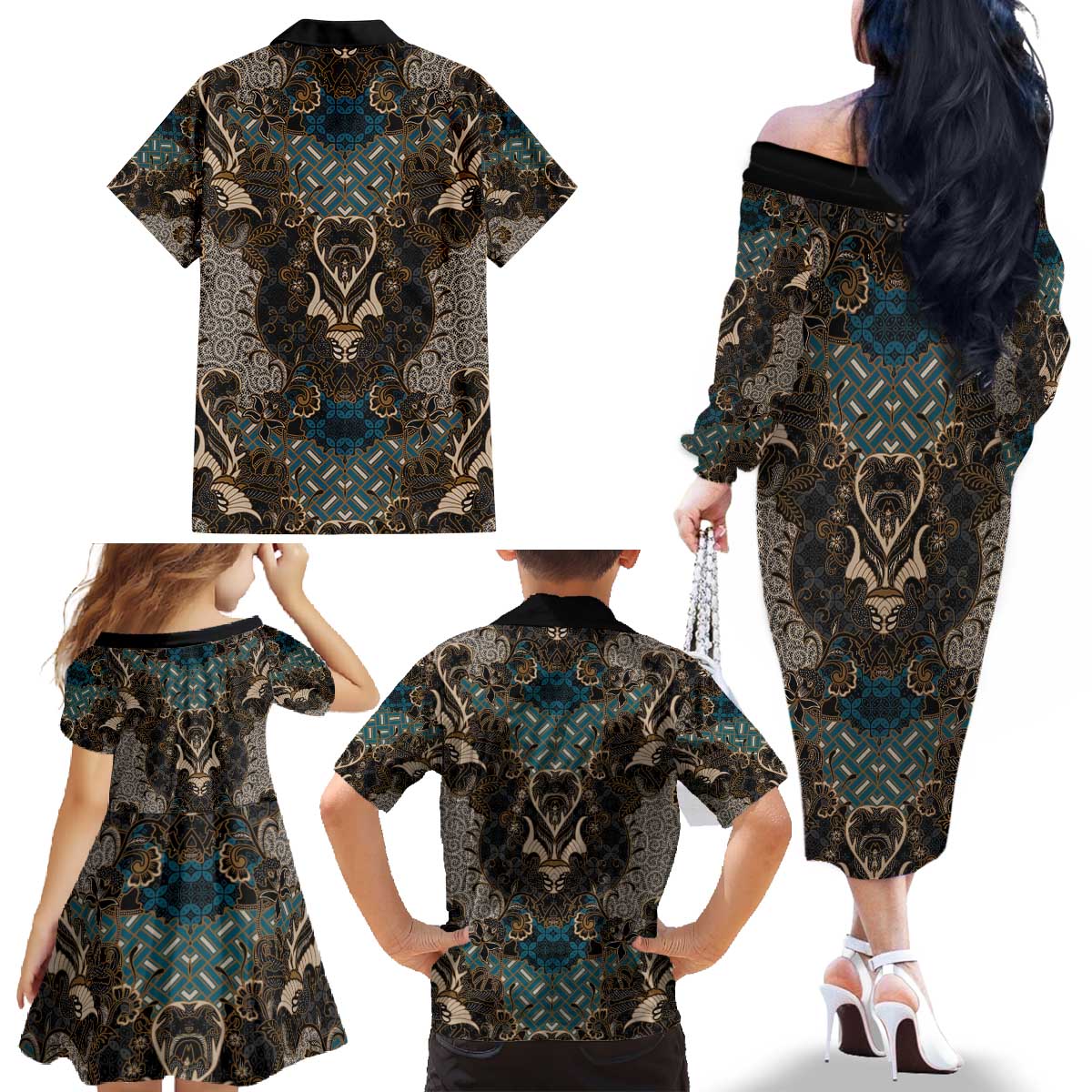 Madiba Nelson Mandela Family Matching Off The Shoulder Long Sleeve Dress and Hawaiian Shirt Indonesia Batik Black - Wonder Print Shop