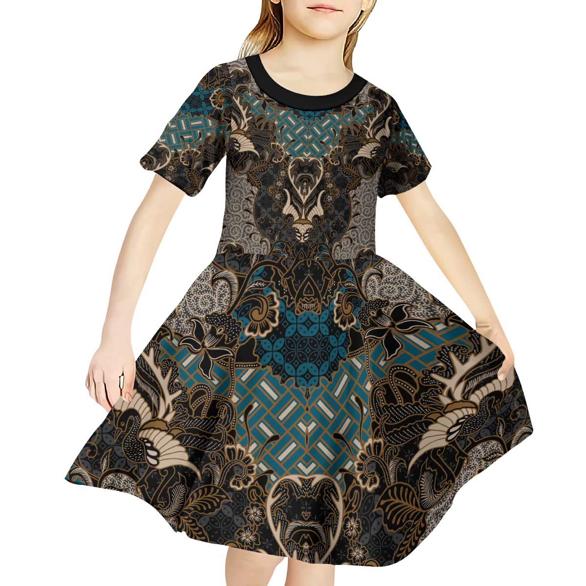 Madiba Nelson Mandela Kid Short Sleeve Dress Indonesia Batik Black - Wonder Print Shop