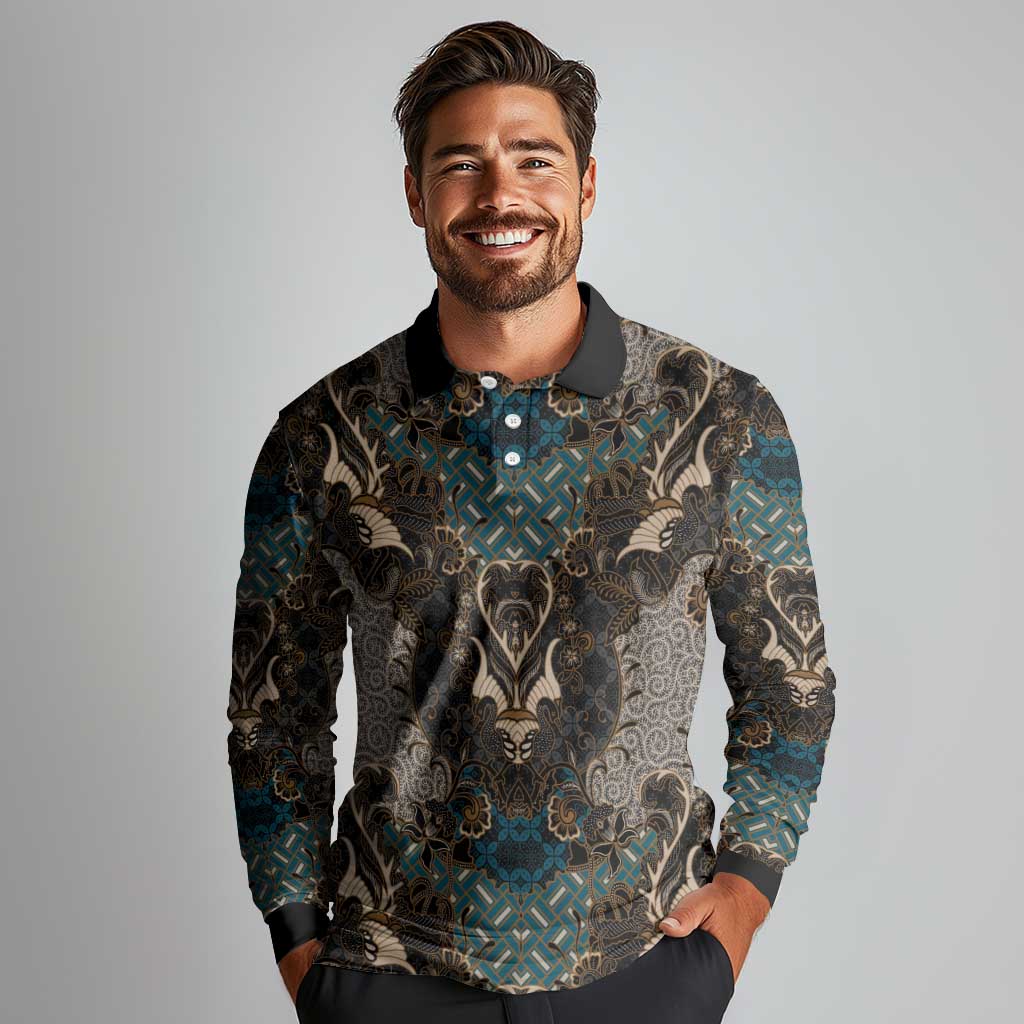 Madiba Nelson Mandela Long Sleeve Polo Shirt Indonesia Batik Black - Wonder Print Shop