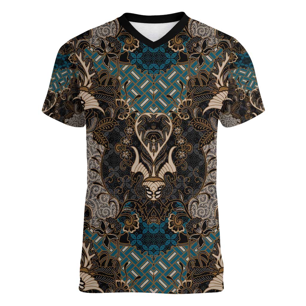 Madiba Nelson Mandela Women V-Neck T-Shirt Indonesia Batik Black - Wonder Print Shop