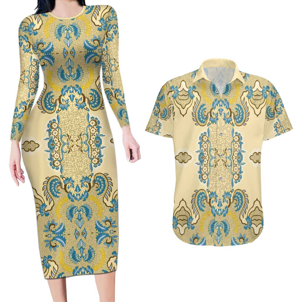 Madiba Nelson Mandela Couples Matching Long Sleeve Bodycon Dress and Hawaiian Shirt Indonesia Batik Yellow Bule - Wonder Print Shop
