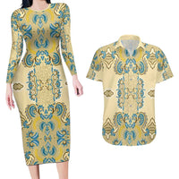 Madiba Nelson Mandela Couples Matching Long Sleeve Bodycon Dress and Hawaiian Shirt Indonesia Batik Yellow Bule - Wonder Print Shop