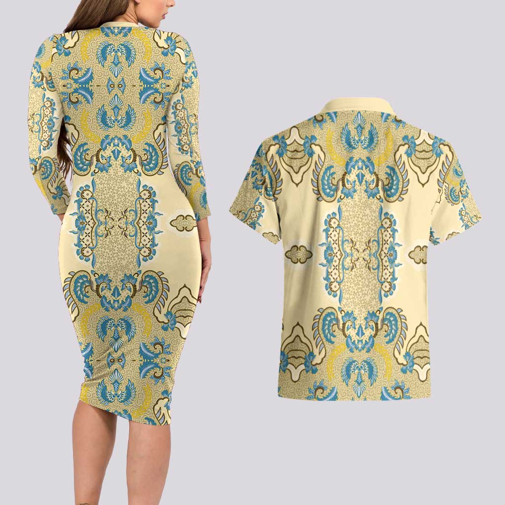 Madiba Nelson Mandela Couples Matching Long Sleeve Bodycon Dress and Hawaiian Shirt Indonesia Batik Yellow Bule - Wonder Print Shop