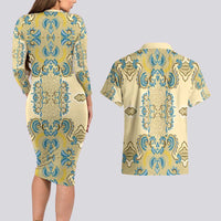 Madiba Nelson Mandela Couples Matching Long Sleeve Bodycon Dress and Hawaiian Shirt Indonesia Batik Yellow Bule - Wonder Print Shop