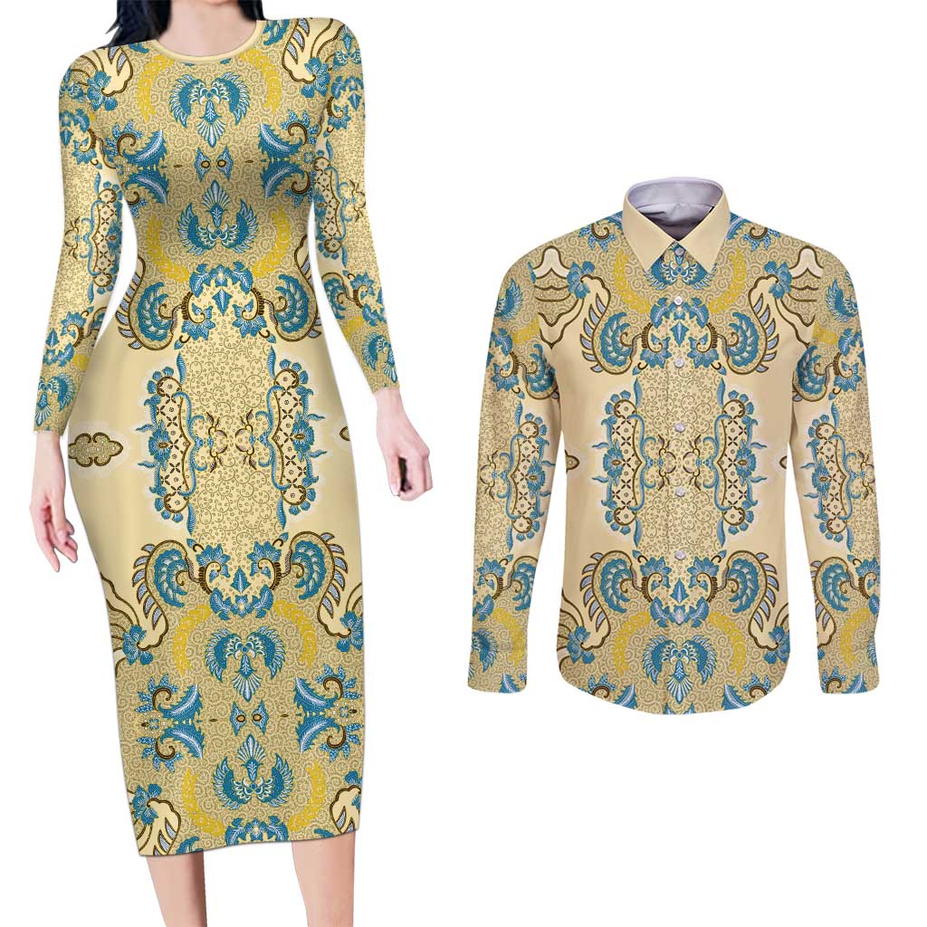 Madiba Nelson Mandela Couples Matching Long Sleeve Bodycon Dress and Long Sleeve Button Shirt Indonesia Batik Yellow Bule - Wonder Print Shop